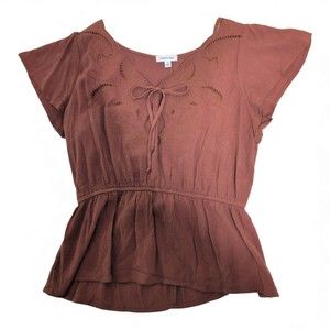 Thread & Clover Brown Embroidered Peplum Blouse - M